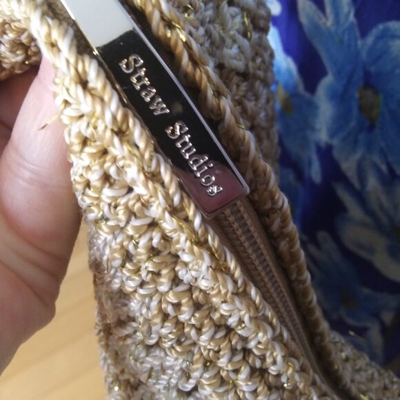 Straw Studios | Bags | Straw Studios Crossbody Bag Zipper  Straw Studios crossbody bag zipper pulls branded neutral color with gold sparkle